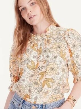 NEW J. Crew Smocked Puff-Sleeve Linen Top XS